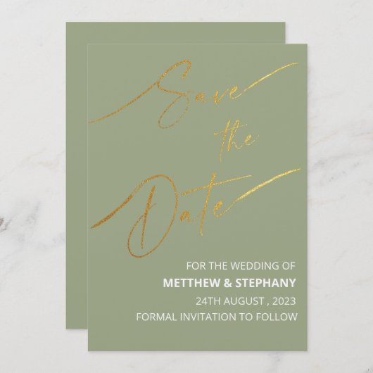 ゴールドフォイルエレガントカード付きセージ緑 招待状 (正面/裏面)