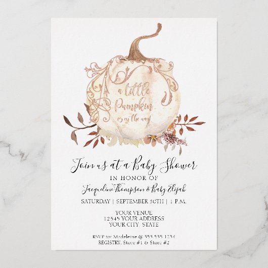 ゴールドフォイルカボチャの小さなフローラ葉の赤ちゃんシャワー 箔招待状 (正面)