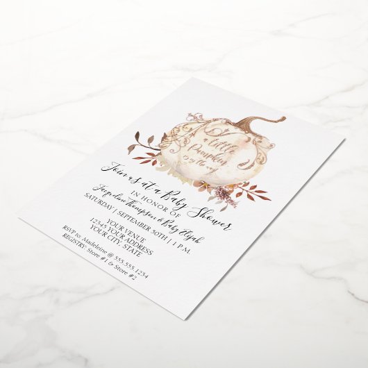 ゴールドフォイルカボチャの小さなフローラ葉の赤ちゃんシャワー 箔招待状 (回転した状態)