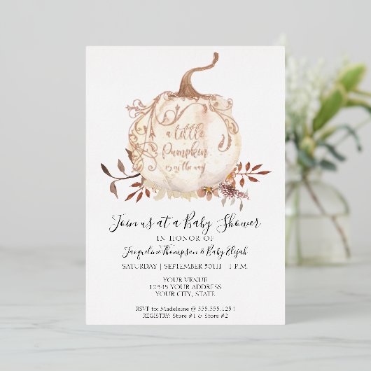 ゴールドフォイルカボチャの小さなフローラ葉の赤ちゃんシャワー 箔招待状 (立ち正面)