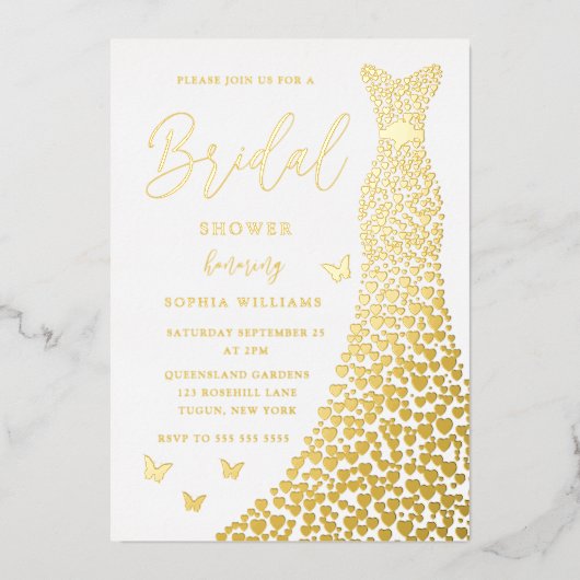 ゴールドフォイルガウンエレガントブライダルシャワー実在ゴールデン 箔招待状 (正面)