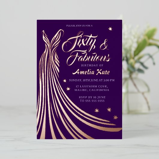 ゴールドフォイルガウン60歳の誕生日パ実在ーティ 箔招待状 (立ち正面)