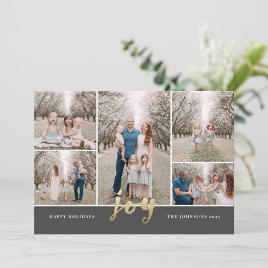ゴールドフォイルクリスマスジョイコラージュフラットホリデーカード シーズンカード (スタンド正面)