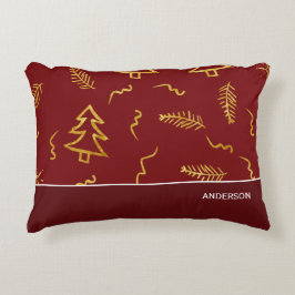 ゴールドフォイルクリスマスツリーパターンレッドホリデー アクセントクッション