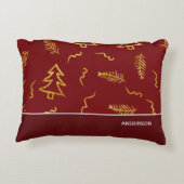 ゴールドフォイルクリスマスツリーパターンレッドホリデー アクセントクッション (裏面)