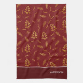 ゴールドフォイルクリスマスツリーパターンレッドホリデー キッチンタオル (縦)