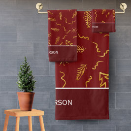 ゴールドフォイルクリスマスツリーパターンレッドホリデー バスタオルセット