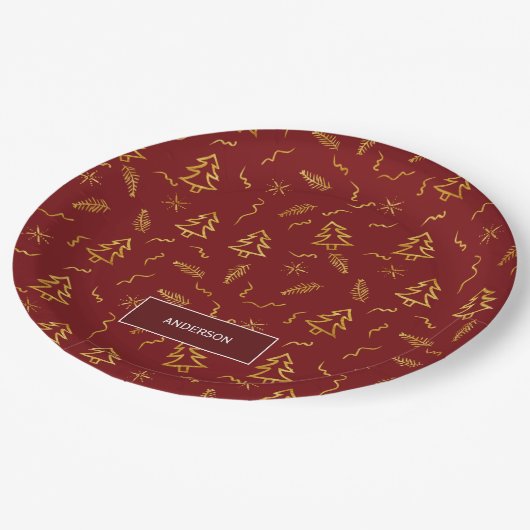 ゴールドフォイルクリスマスツリーパターンレッドホリデー ペーパープレート (アングル)