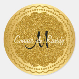 ゴールドフォイルグリッターモノグラム結婚ズステッカー ラウンドシール