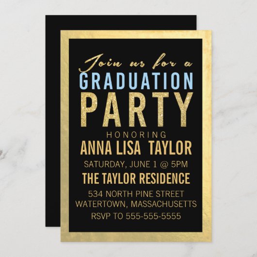 ゴールドフォイルグリッター卒業パーティー招待状 招待状 (正面/裏面)