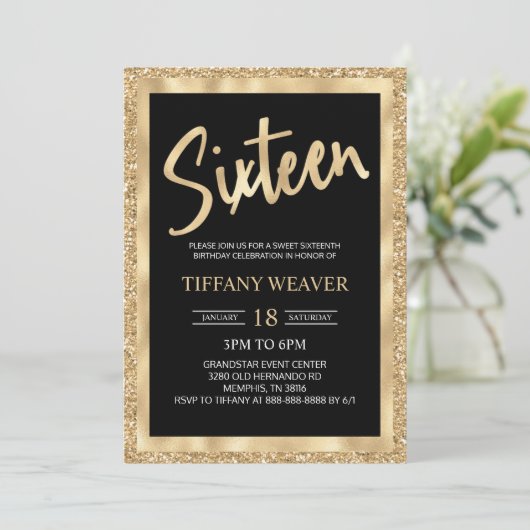 ゴールドフォイルグリッター16番目の誕生日招待状 招待状 (スタンド正面)