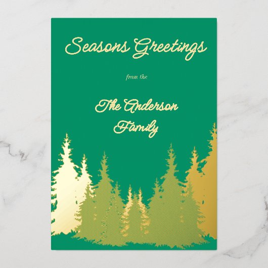 ゴールドフォイルグリーンウォーターカラーツリーフォトクリスマス 箔シーズンカード (正面)