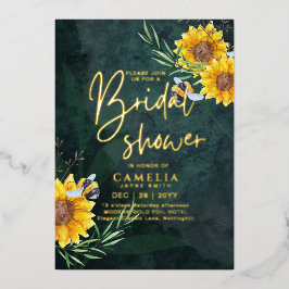 ゴールドフォイルグリーンサンフラワーブライダルシャワーQRコード 箔招待状