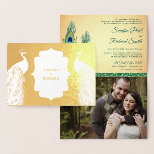 ゴールドフォイルグリーンピーコックフェザー結婚式招待状 箔カード (ディスプレー)