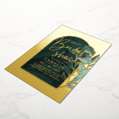 ゴールドフォイルグリーン葉ブライダルシャワーQRコード 箔招待状 (回転した状態)