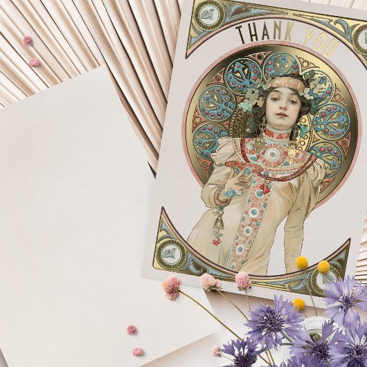 ゴールドフォイルサンキューカードアールヌーボーミュシャ 箔招待状