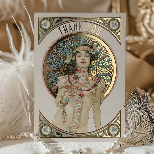 ゴールドフォイルサンキューカードアールヌーボーミュシャ 箔招待状