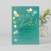 ゴールドフォイルシーガラスティール(緑がかった色)グリーン結婚ズデイブ日付 箔招待状 (立ち正面)