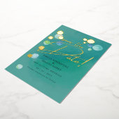 ゴールドフォイルシーガラスティール(緑がかった色)グリーン結婚ズデイブ日付 箔招待状 (回転した状態)