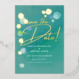 ゴールドフォイルシーガラスティール(緑がかった色)グリーン結婚ズデイブ日付F 箔招待状