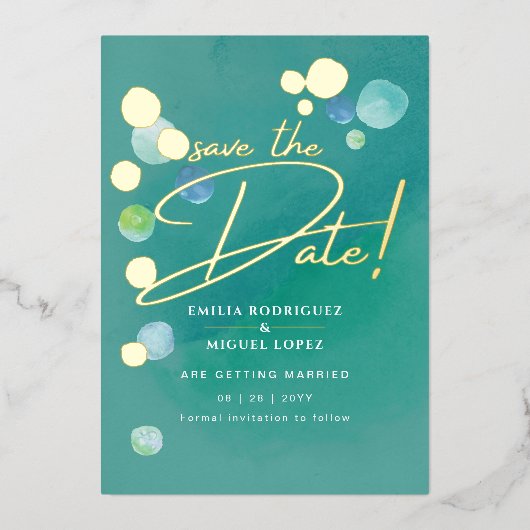 ゴールドフォイルシーガラスティール（緑がかった色）グリーン結婚ズデイブ日付F 箔招待状 (正面)