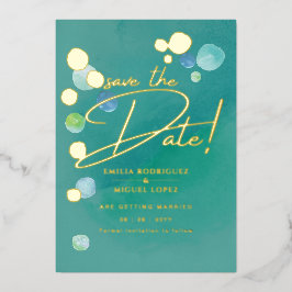 ゴールドフォイルシーガラスティール(緑がかった色)グリーン結婚ズデイブ日付F 箔招待状