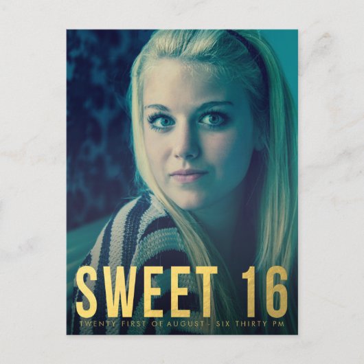 ゴールドフォイルスウィート16パーティーフォトポストカード インビテーションポストカード (正面)