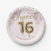 ゴールドフォイルスウィート16誕生日バルーズピンク ペーパープレート (正面)