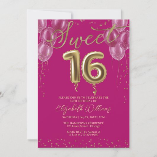 ゴールドフォイルスウィート16誕生日バルーンパーティーピンク 招待状 (正面)