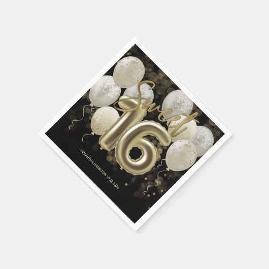 ゴールドフォイルスウィート16誕生日バルーンパーティーブラック スタンダードカクテルナプキン (角)