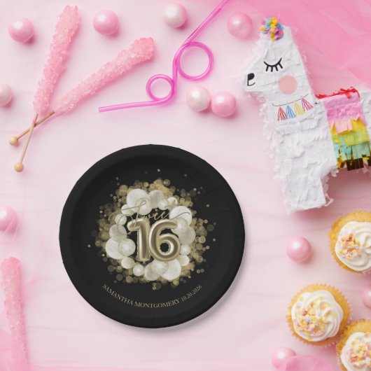 ゴールドフォイルスウィート16誕生日バルーンパーティーブラック ペーパープレート (パーティー)