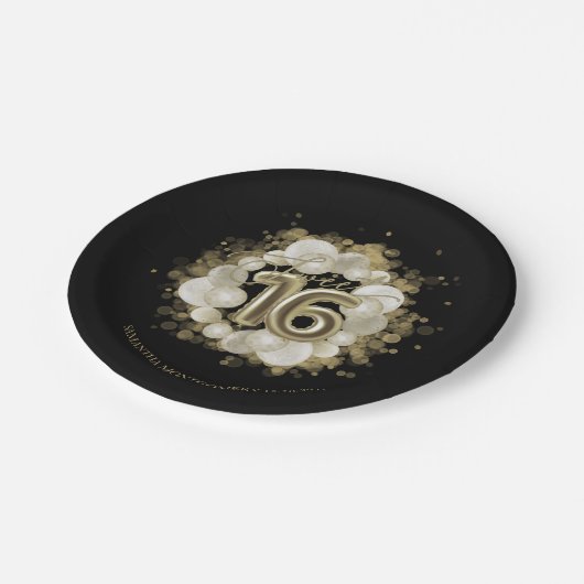 ゴールドフォイルスウィート16誕生日バルーンパーティーブラック ペーパープレート (アングル)
