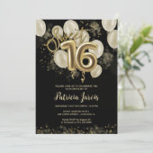 ゴールドフォイルスウィート16誕生日バルーンパーティーブラック 招待状 (スタンド正面)