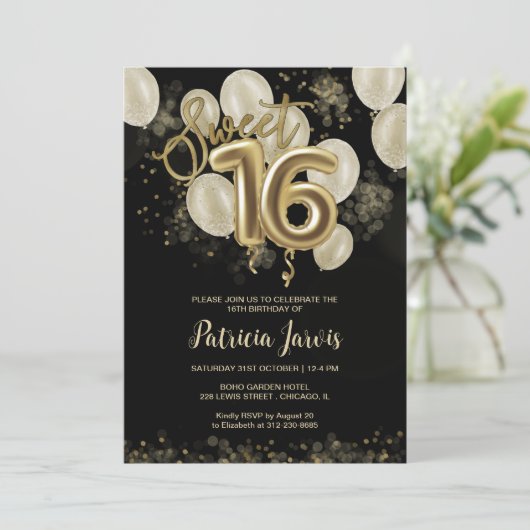 ゴールドフォイルスウィート16誕生日バルーンパーティーブラック 招待状 (スタンド正面)
