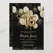 ゴールドフォイルスウィート16誕生日バルーンパーティーブラック 招待状 (正面/裏面)