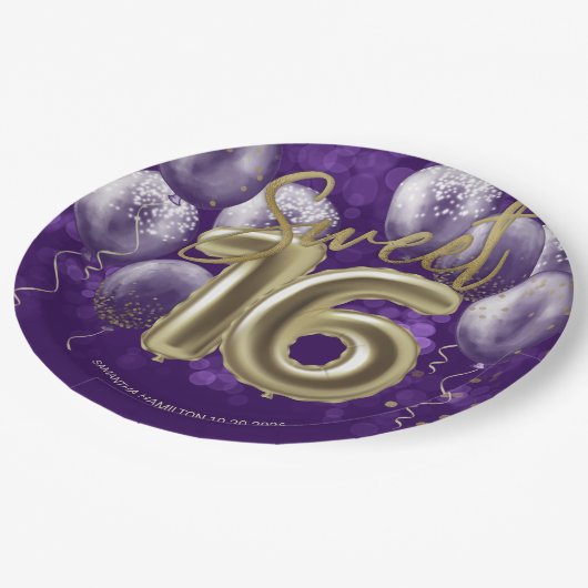 ゴールドフォイルスウィート16誕生日バルーンパーティー紫 ペーパープレート (アングル)