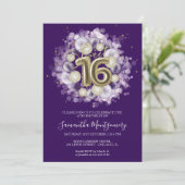 ゴールドフォイルスウィート16誕生日バルーンパーティー紫 招待状 (スタンド正面)