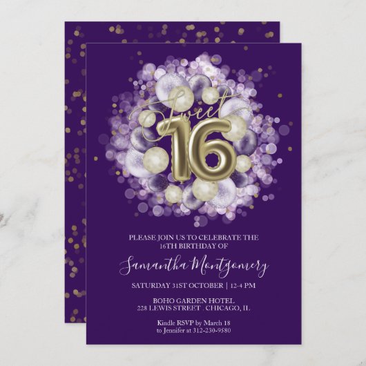 ゴールドフォイルスウィート16誕生日バルーンパーティー紫 招待状 (正面/裏面)