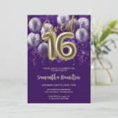 ゴールドフォイルスウィート16誕生日バルーンパーティー紫 招待状 (スタンド正面)