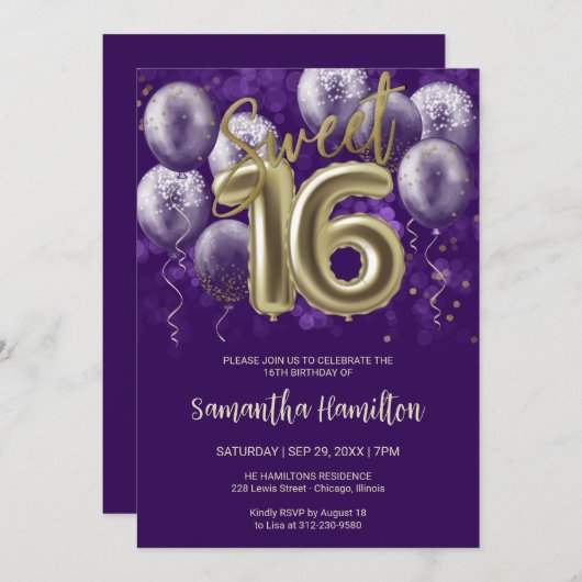 ゴールドフォイルスウィート16誕生日バルーンパーティー紫 招待状 (正面/裏面)