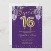 ゴールドフォイルスウィート16誕生日バルーンパーティー紫 招待状 (正面)