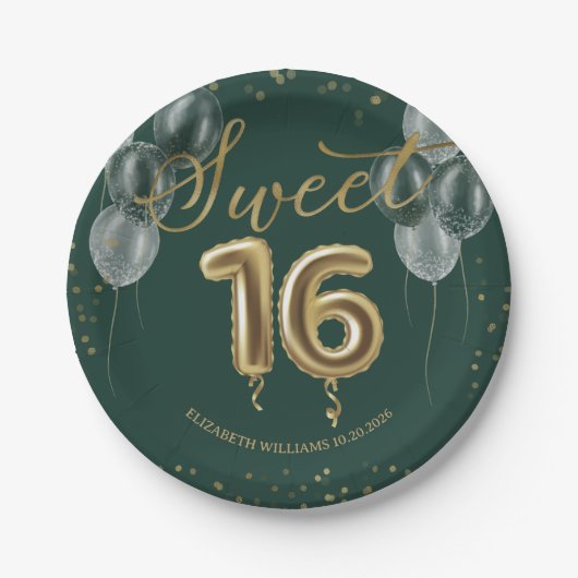 ゴールドフォイルスウィート16誕生日バルーンパーティー緑 ペーパープレート (正面)