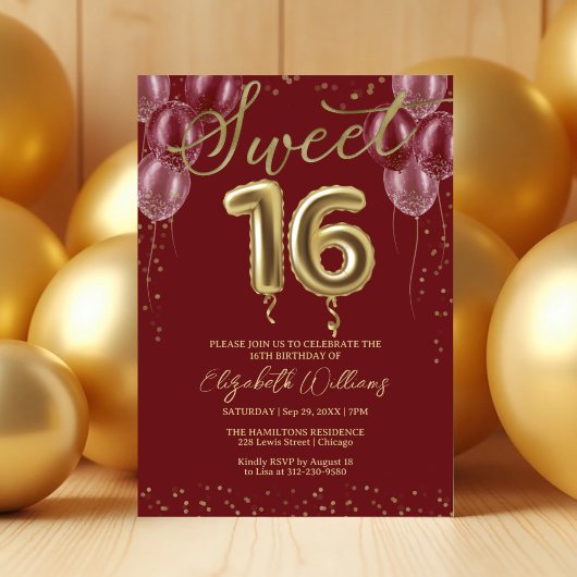 ゴールドフォイルスウィート16誕生日バルーンブルゴーニュ 招待状