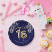 ゴールドフォイルスウィート16誕生日バルーン王室のブルー ペーパープレート (パーティー)
