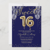 ゴールドフォイルスウィート16誕生日バルーン王室のブルー 招待状 (正面)