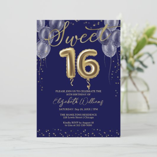 ゴールドフォイルスウィート16誕生日バルーン王室のブルー 招待状 (スタンド正面)