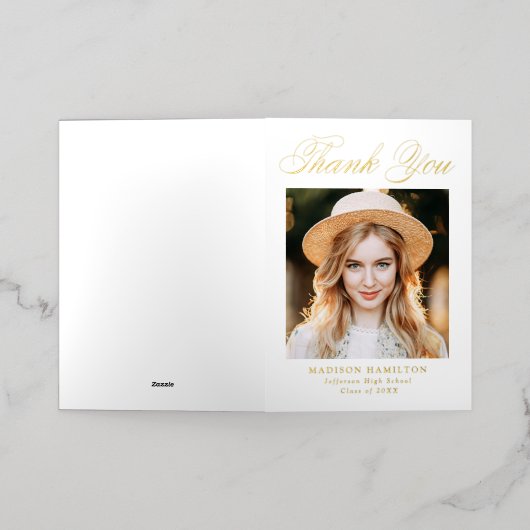 ゴールドフォイルスクリプトフォト卒業サンキューカード 箔グリーティングカード (外側レイダウン)