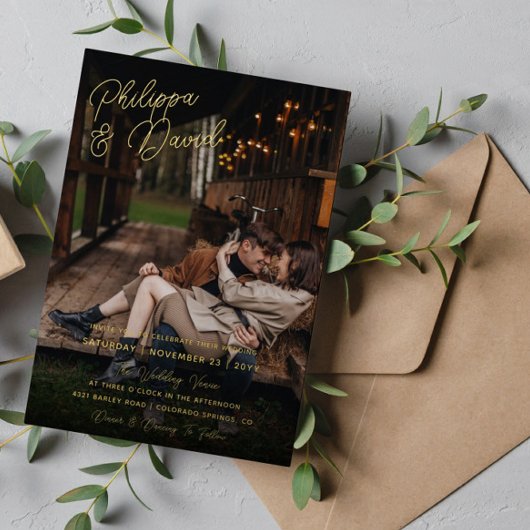 ゴールドフォイルスクリプト写真の名前結婚 箔招待状