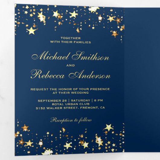 ゴールドフォイルスターズ紙吹雪ネイビーブルー結婚ズ 三つ折り招待状 (内部最初)
