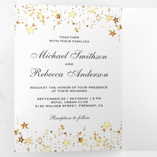 ゴールドフォイルスターズ紙吹雪ホワイト結婚ズ 三つ折り招待状 (内部最初)